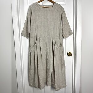 100% Linen Korean Minimalist Stripe Dress Scandi Cottagecore M/L